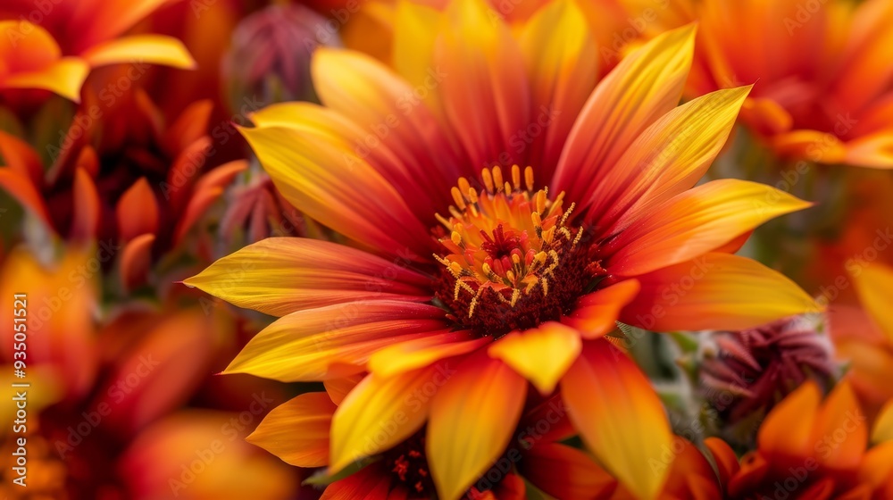 A tight shot of an array of flowers, dominated by orange and yellow blooms in their heart A tight shot of an array of flowers, dominated by orange and yellow blooms in their heart