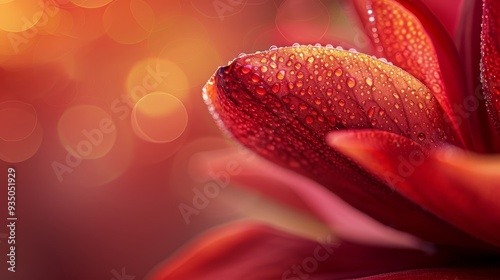  A red flower in close-up, adorned with beads of water, against a backdrop of soft, radiant light