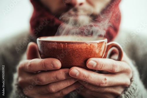 Close-up of person holding steaming mug on cold day.