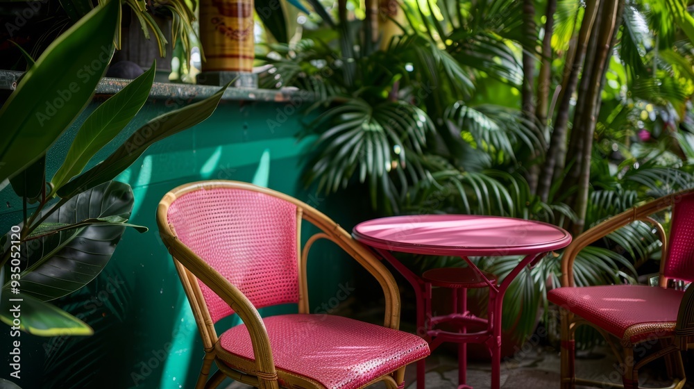 Two pink chairs adjacent to a pink-topped table against a green wall Two pink chairs adjacent to a pink-topped table against a green wall