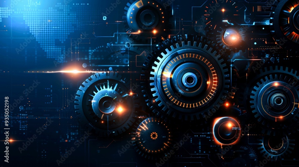 Abstract Futuristic Technology with Glowing Cogwheels Abstract Futuristic Technology with Glowing Cogwheels