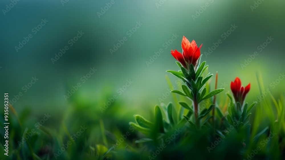 Obraz premium A small red bloom atop a verdant green field, surrounded by a softly blurred backdrop