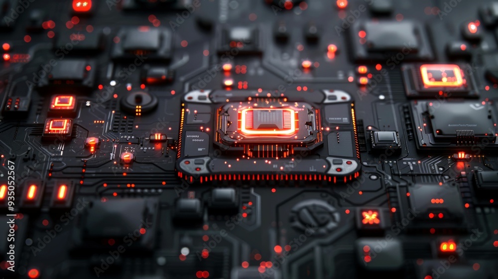 Glowing Red Lights on a Futuristic Circuit Board Glowing Red Lights on a Futuristic Circuit Board
