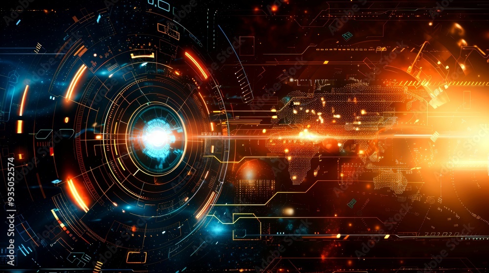 Fototapeta premium Futuristic Abstract Background with Orange and Blue Glowing Lines, Circles, and World Map