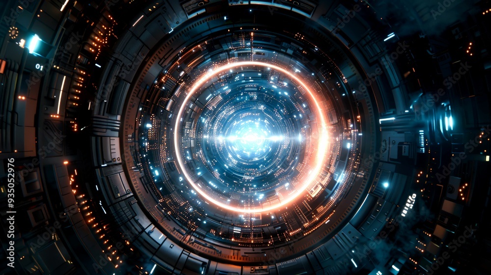 Obraz premium Futuristic Sci-Fi Spaceship Interior with Glowing Lights and Circular Portal