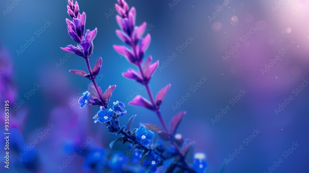 A tight shot of a purple bloom against a backdrop of blue and purple Background features softly blurred, radiant light A tight shot of a purple bloom against a backdrop of blue and purple Background features softly blurred, radiant light