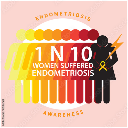 Statistic 1-in-10 women suffered with endometriosis with  ribbon as uterus illustration