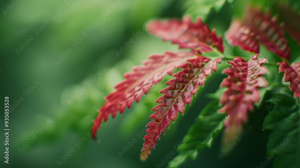 A tight shot of a plant with red and green leaves, sporting red and white blooms, against a softly blurred backdrop A tight shot of a plant with red and green leaves, sporting red and white blooms, against a softly blurred backdrop