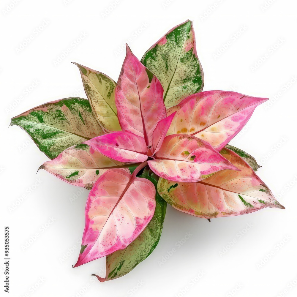 Fototapeta premium Beautiful pink Aglaonema plants isolated on white, top view. House decor