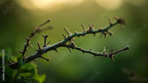  A tight shot of a tree branch against softly blurred background trees, and subtly blurred foreground leaves