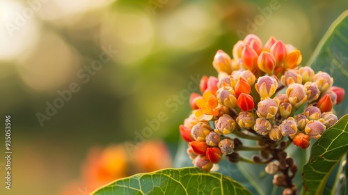  A tight shot of orange blossoms on a tree branch, adorned with green foliage, against a softly blurred backdrop