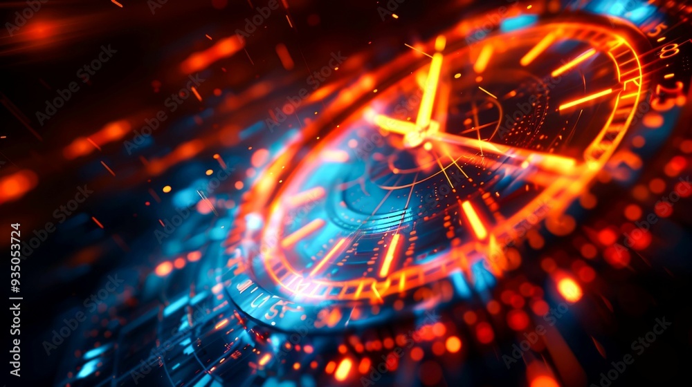 Abstract Glowing Clock Face with Red and Blue Light Effects Abstract Glowing Clock Face with Red and Blue Light Effects
