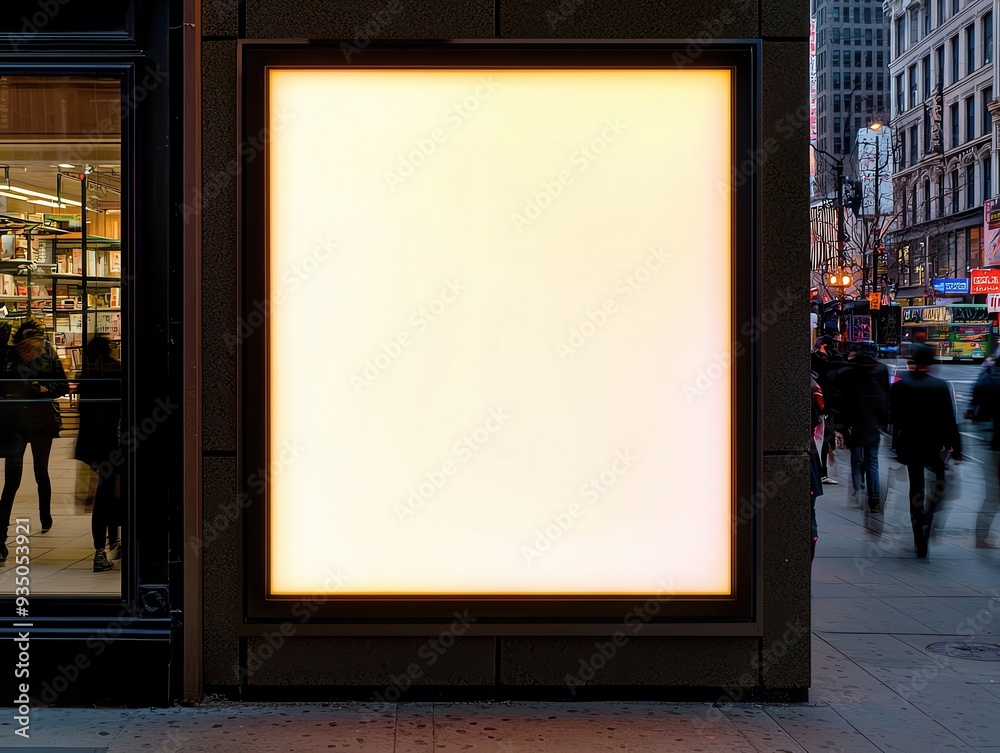 Blank storefront window, vibrant street with pedestrians passing by