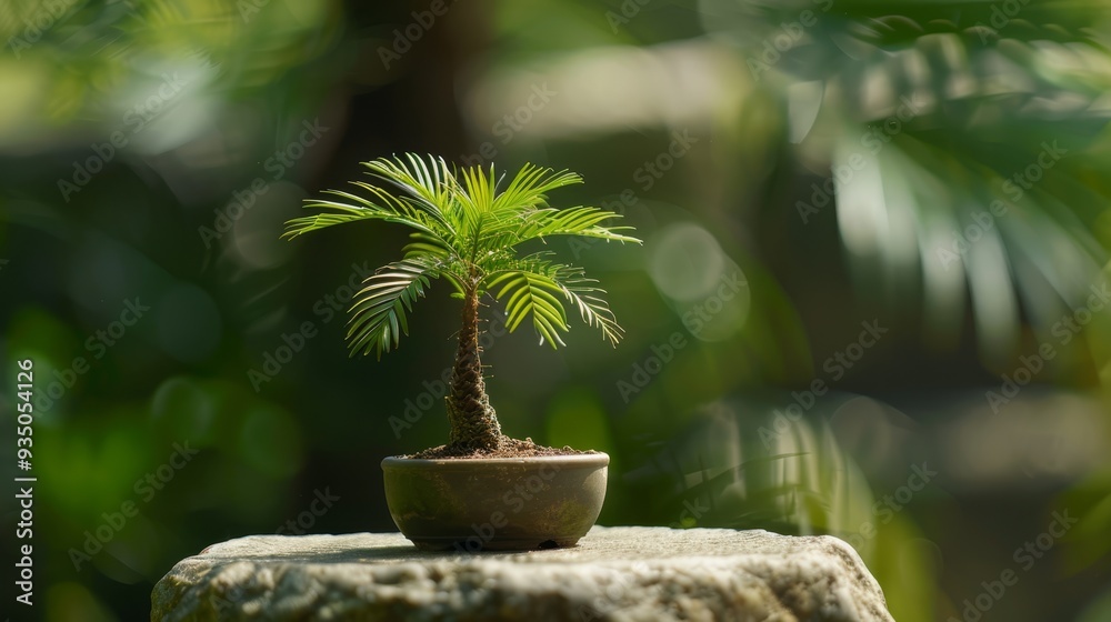 A small potted plant atop a rock, framed by a lush, green forest of leafy trees A small potted plant atop a rock, framed by a lush, green forest of leafy trees