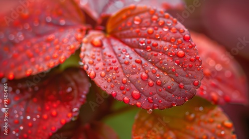  A red leaf, with water droplets clinging tightly, is the focus in this shot In the foreground lies a green leaf