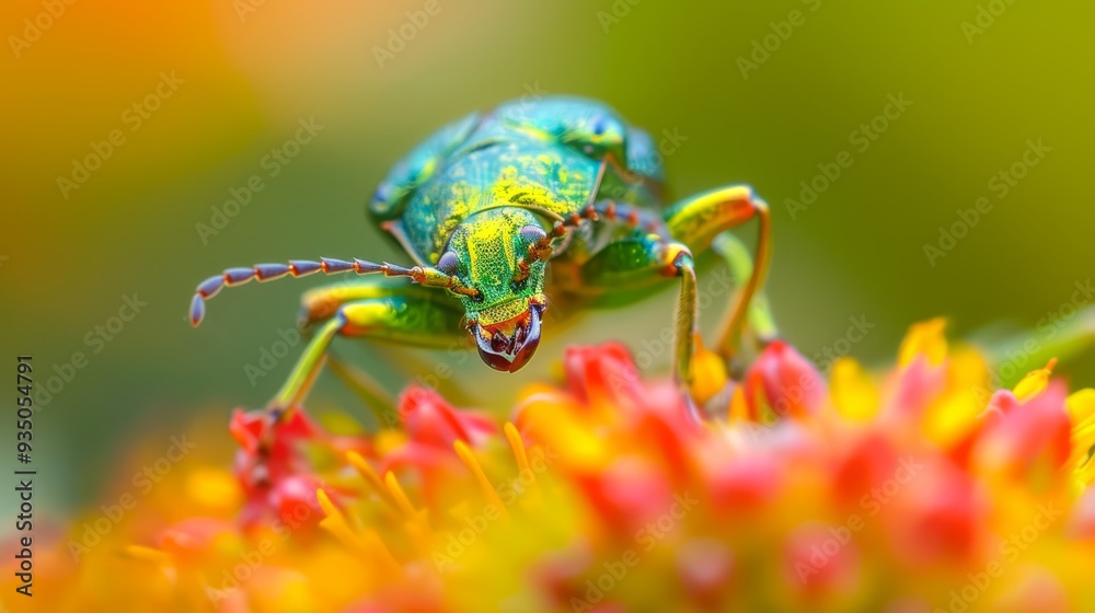 A tight shot of a green insect on a yellow bloom, surrounded by red and yellow flowers in the foreground A tight shot of a green insect on a yellow bloom, surrounded by red and yellow flowers in the foreground