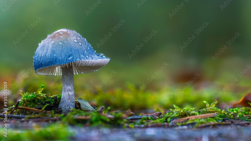 A tight shot of a small, blue mushroom nestled on the forest floor, surrounded by moss Trees loom in the background A tight shot of a small, blue mushroom nestled on the forest floor, surrounded by moss Trees loom in the background