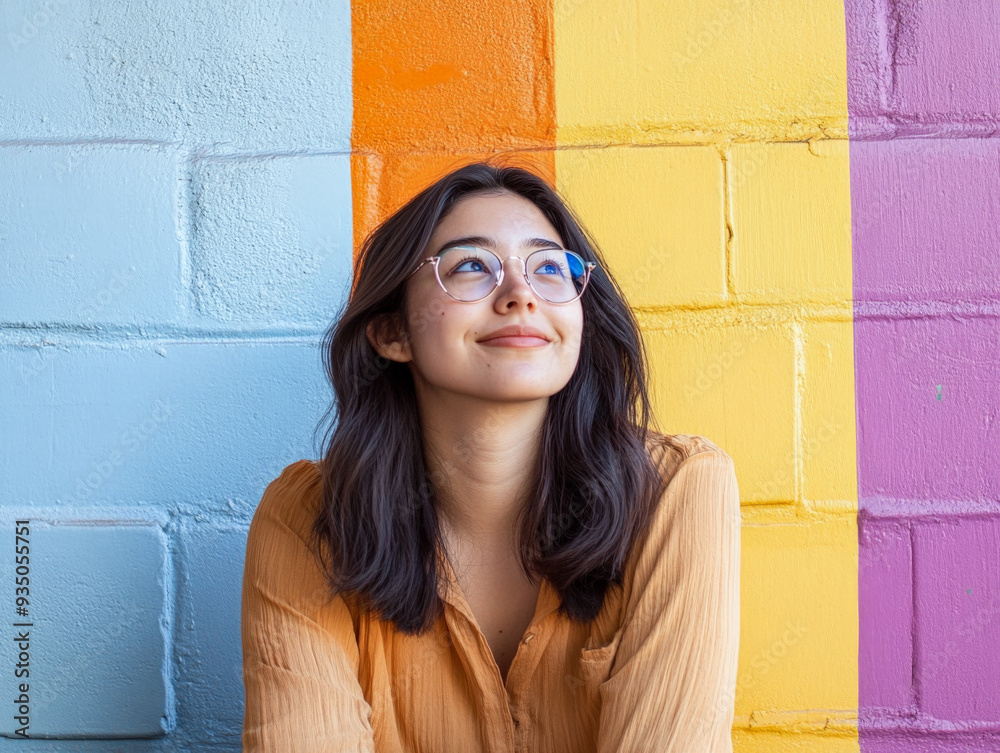 Woman with glasses against multicolored wall Woman with glasses against multicolored wall