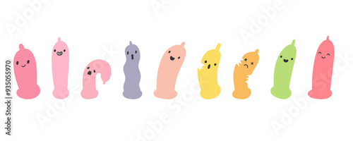 Hand drawn Condom character. Safe sex, contraception, aids, unwanted pregnancy. Cartoon simple condom. Cute doodle emoji preservative. Vector illustration isolated on a white background.
