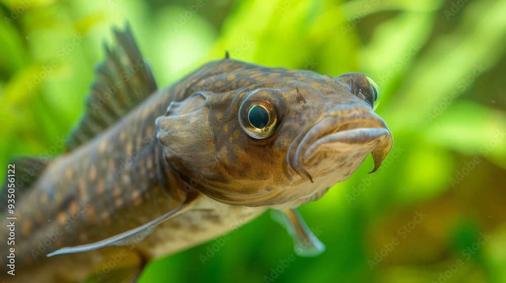 A tight shot of a fish submerged in water, surrounded by aquatic plants in the background, and a softly blurred backdrop A tight shot of a fish submerged in water, surrounded by aquatic plants in the background, and a softly blurred backdrop