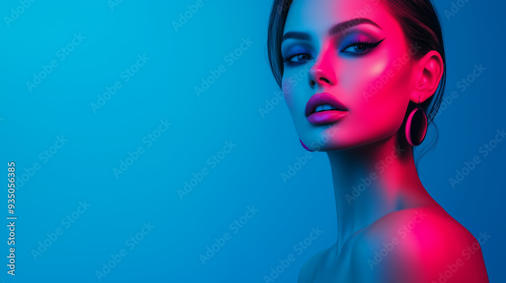 A stylish woman with striking makeup poses elegantly in bright blue and pink lighting. The left side of the frame offers ample copy space for design elements, copy space