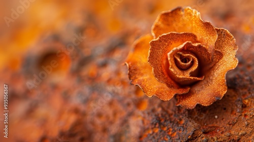  A tight shot of a weathered bloom on worn metal, surrounded by other rusted artifacts in the backdrop photo