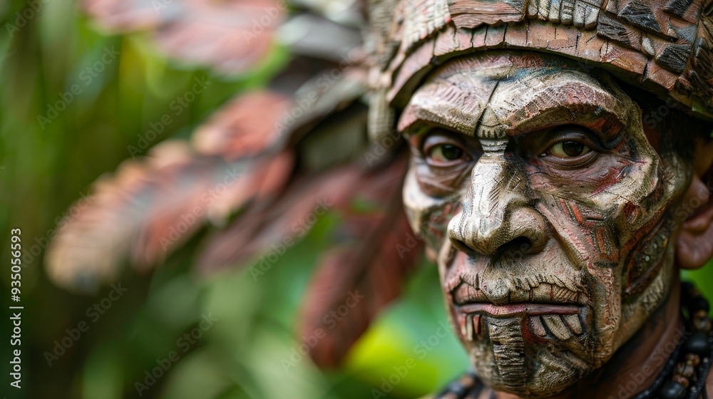 A tight shot of a statued person donning a headdress adorned with feathers A tight shot of a statued person donning a headdress adorned with feathers