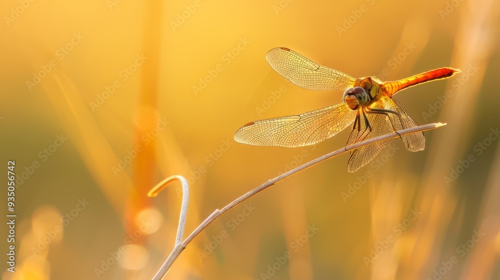A dramatic close-up of a dragonfly perched on a plant, its iridescent wings dotted with water droplets, against a softly blurred background A dramatic close-up of a dragonfly perched on a plant, its iridescent wings dotted with water droplets, against a softly blurred background