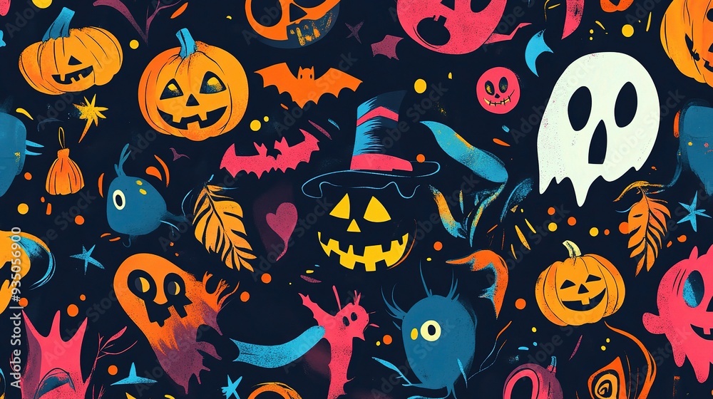 Whimsical Halloween Pattern: A festive and spooky Halloween pattern with pumpkins, ghosts, bats, and other spooky elements on a dark blue background. Whimsical Halloween Pattern: A festive and spooky Halloween pattern with pumpkins, ghosts, bats, and other spooky elements on a dark blue background.