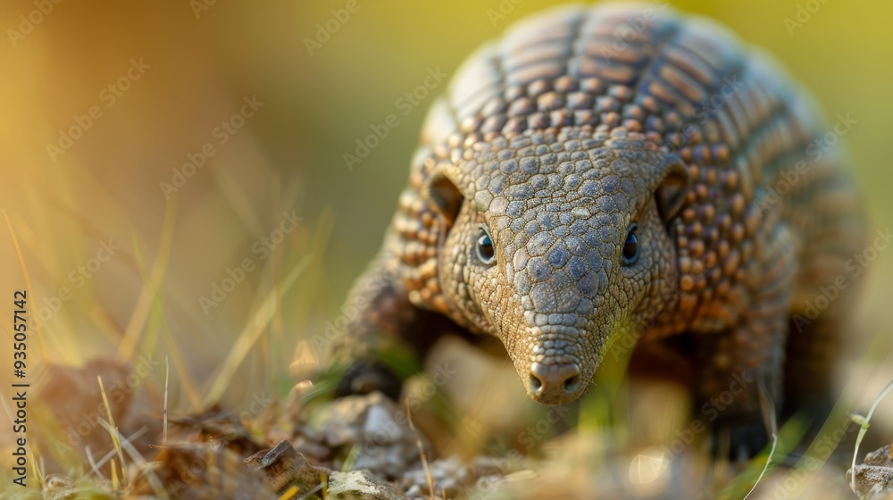 Obraz premium A tight shot of a small armadillo on the ground, surrounded by grass in the foreground, and a indistinct background