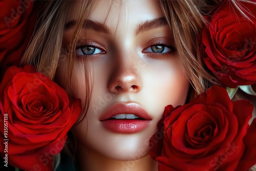 Beautiful girl with red roses on a dark background. Close-up. Portrait of a beautiful woman with red roses. Beauty, cosmetics. Valentines day concept with generative ai