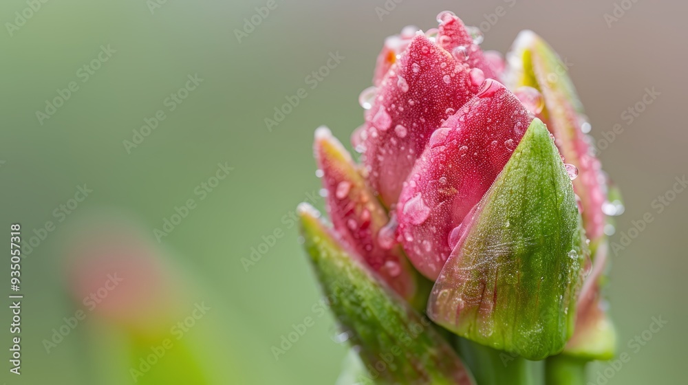 A tight shot of a pink bloom, adorned with pearls of water on its petals, against a softly blurred backdrop A tight shot of a pink bloom, adorned with pearls of water on its petals, against a softly blurred backdrop