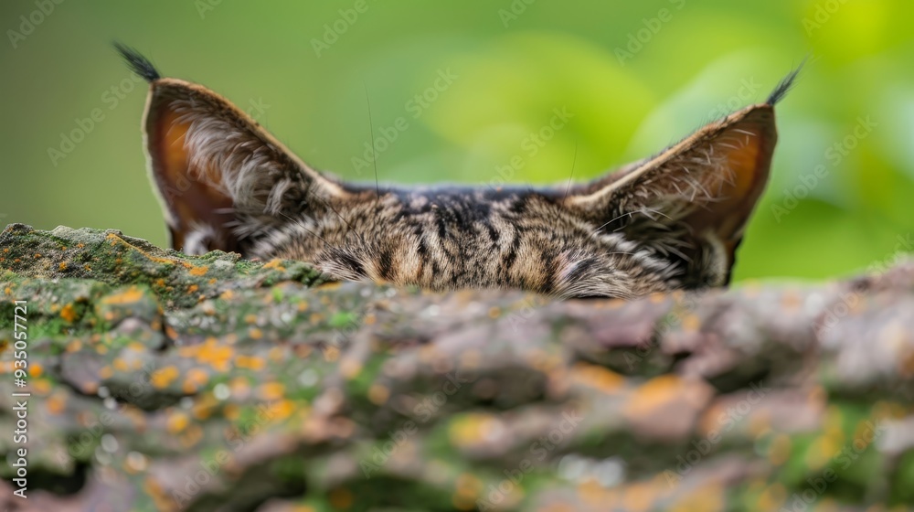 A tight shot of a feline atop a moss-laden tree trunk, eyes shut, head cradled by a tree branch A tight shot of a feline atop a moss-laden tree trunk, eyes shut, head cradled by a tree branch