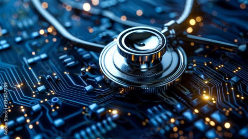 Stethoscope on a Circuit Board, Symbolize Healthcare Technology