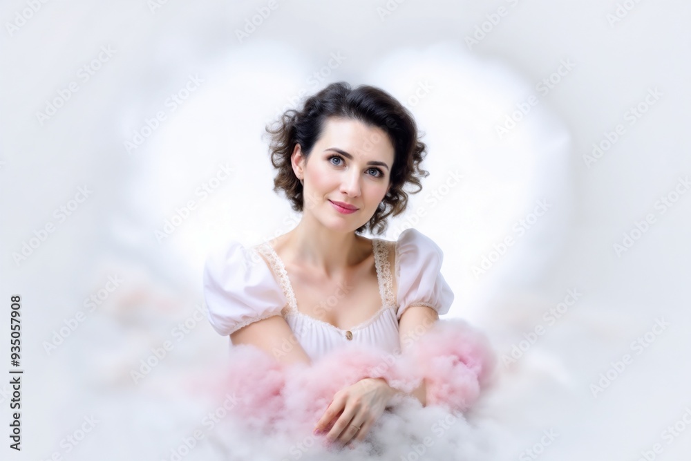 Woman with Dreamy Expression in White Dress Against Soft Background with Copy Space Woman with Dreamy Expression in White Dress Against Soft Background with Copy Space