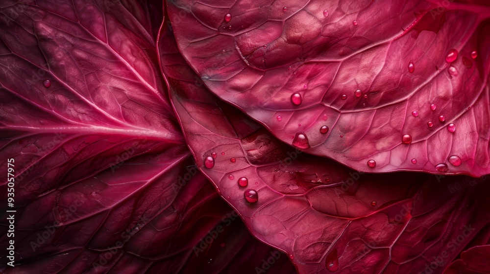 A red leaf's detailed view, adorned with water droplets on its surface The leaf's center is fully engulfed by these droplets A red leaf's detailed view, adorned with water droplets on its surface The leaf's center is fully engulfed by these droplets