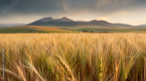  A field of wheat stretches before mountaineous dark-hued skies, punctuated by scattered clouds photo