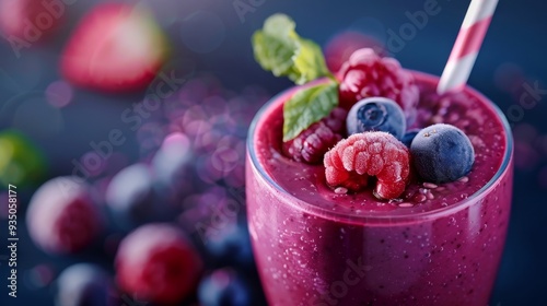  A blueback ground features a blueberry-raspberry smoothie topped with mint leaves and floating blueberries photo