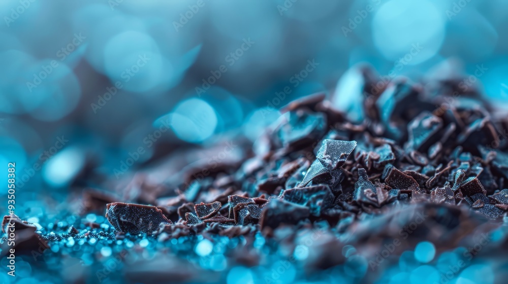 A tight shot of a stack of blue and brown rocks, each sprinkled with water droplets atop A tight shot of a stack of blue and brown rocks, each sprinkled with water droplets atop