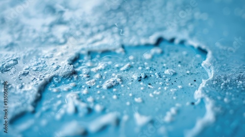  A tight shot of a blue water surface, adorned with water droplets both on its surface and below