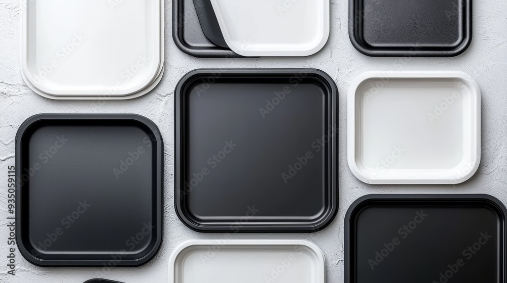 A stylish arrangement of black and white serving plates on a textured surface, perfect for modern dining settings. A stylish arrangement of black and white serving plates on a textured surface, perfect for modern dining settings.