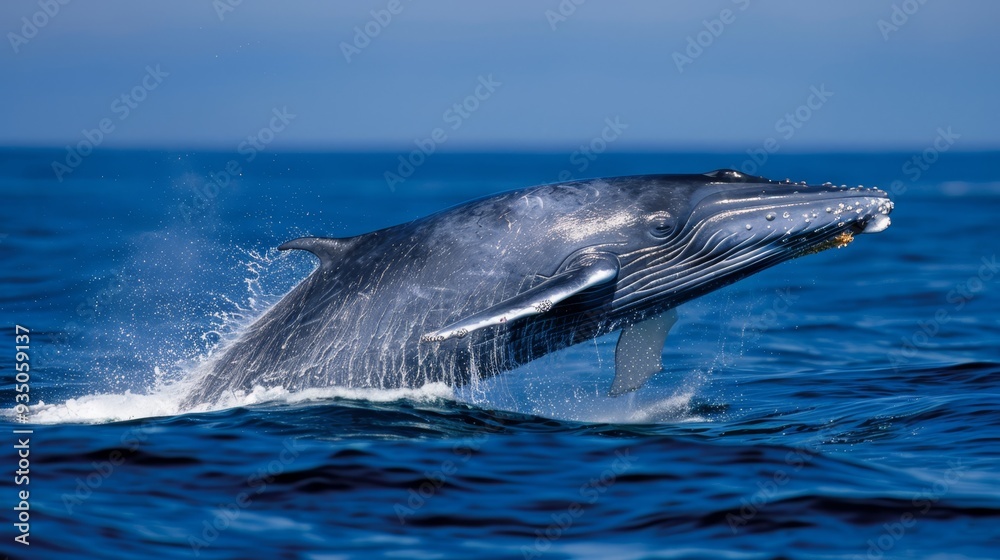 Naklejka premium A humpback whale leaps from the water with its mouth wide open
