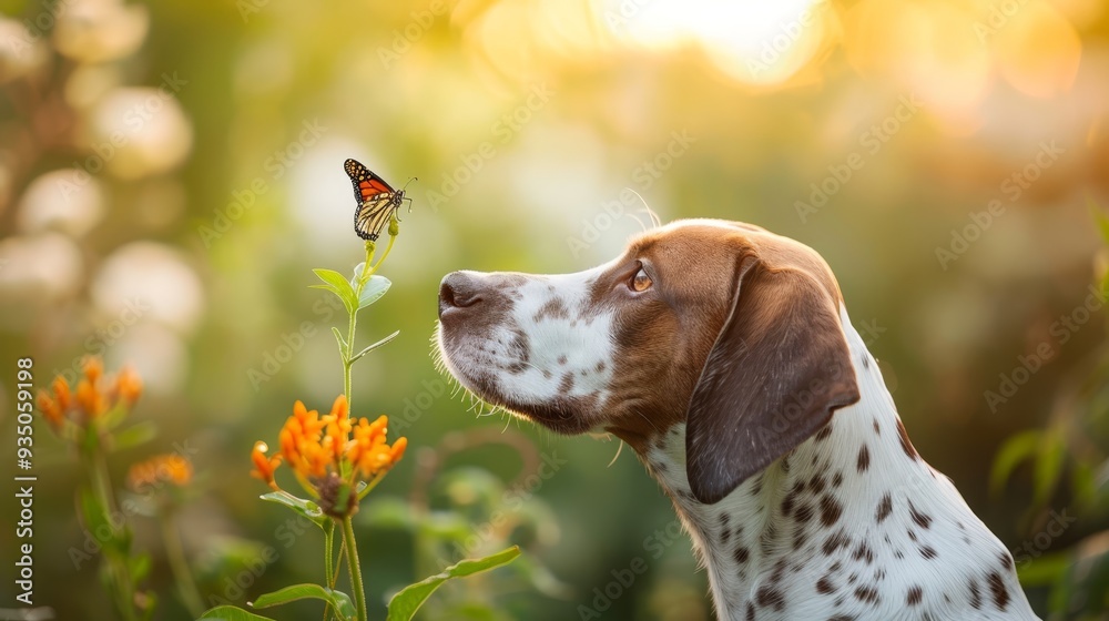  A brown-and-white dog gazes at a butterfly perched on its nose, while another flutters above a nearby flower