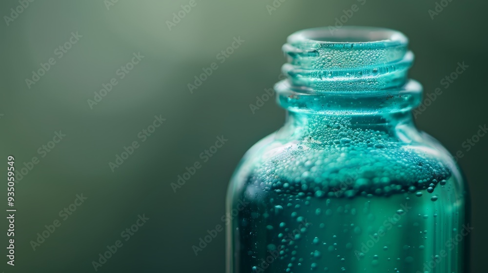 A blue glass bottle, filled with water, featuring distinct water droplets on its surface against a softly blurred background A blue glass bottle, filled with water, featuring distinct water droplets on its surface against a softly blurred background