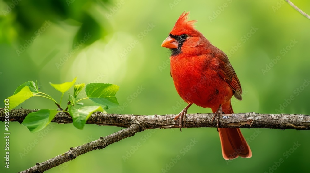 A red bird perching on a tree branch, surrounded by lush green leaves, against a softly blurred background A red bird perching on a tree branch, surrounded by lush green leaves, against a softly blurred background