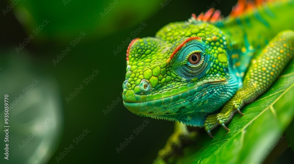 A tight shot of a chameleon, green and red, perched on a verdant leaf Background softly blurred A tight shot of a chameleon, green and red, perched on a verdant leaf Background softly blurred
