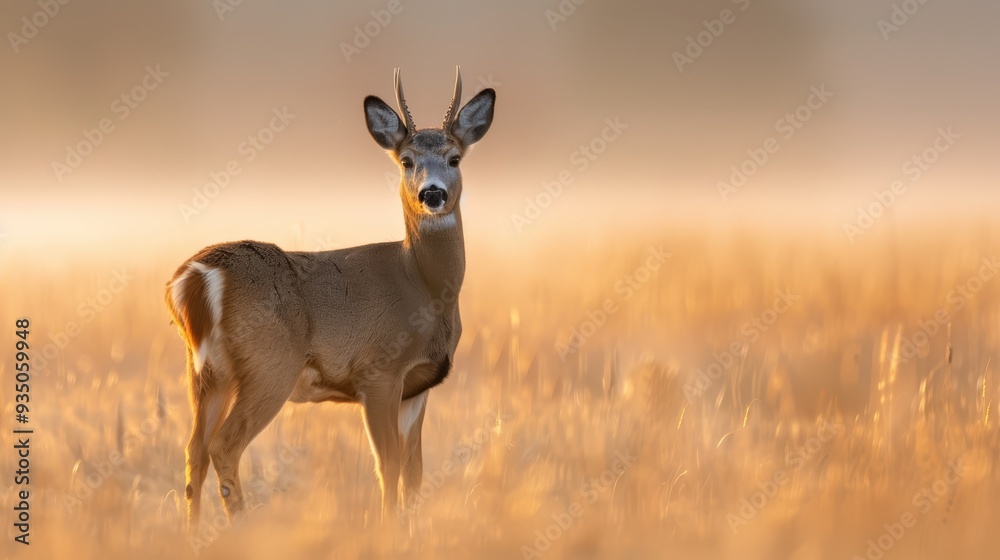 A deer stands in the field, surrounded by tall grass in the foreground, while the background fades into a blurry sky A deer stands in the field, surrounded by tall grass in the foreground, while the background fades into a blurry sky
