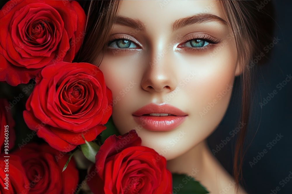 Beautiful girl with red roses on a dark background. Close-up. Portrait of a beautiful woman with red roses. Beauty, cosmetics. Valentines day concept with generative ai Beautiful girl with red roses on a dark background. Close-up. Portrait of a beautiful woman with red roses. Beauty, cosmetics. Valentines day concept with generative ai