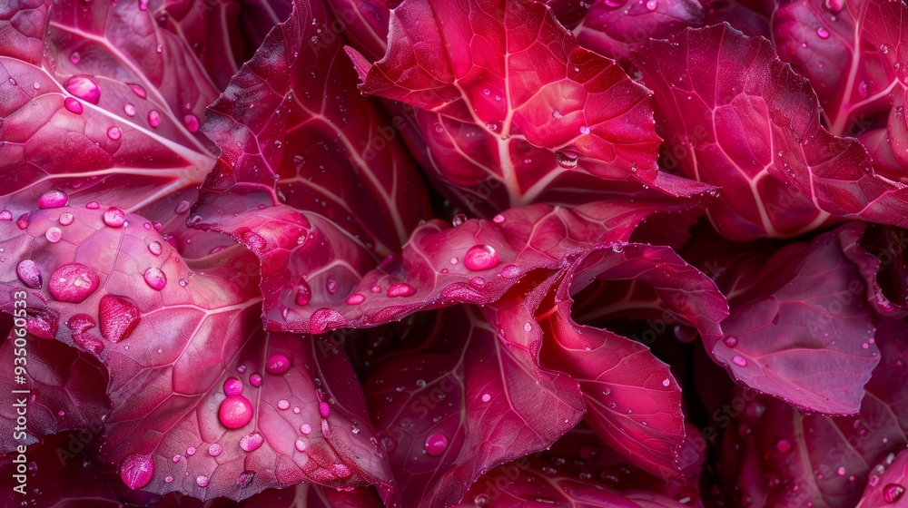  A red plant with leafy closeness, adorned by water droplets on leaves and above