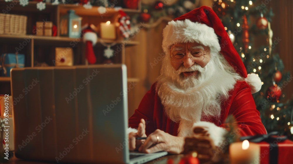 Obraz premium Santa Claus sits cheerfully at his desk, reviewing his list while surrounded by holiday decorations, candles, and a glowing Christmas tree